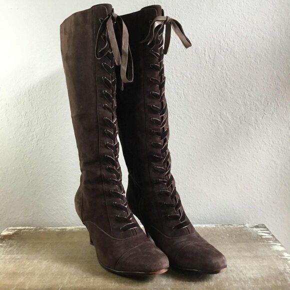 Y2K Brown Suede Renaissance Fair Fantasy Fairycore Lace Up Heeled Boots 9M - Picture 2 of 8